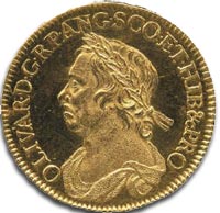 Obverse side of gold Oliver Cromwell Half Crown c1658