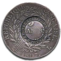 Scotland, Dalzell Farm, 1807, counterstamped five French Francs - Reverse