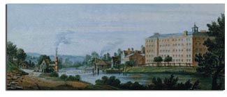 Mr Strutt's Cotton Mill at Milford 1787. Water Colour by Zachariah Boreman - Derby Artists and Royal Crown derby from antique-marks.com