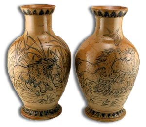 Rare Pair Hannah Barlow Stoneware Vase with Horses and Lions