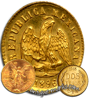 Different Denominations of Mexican Gold Pesos