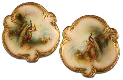 antique marks - a pair of worcester handpainted peacock wall plaques by lewis