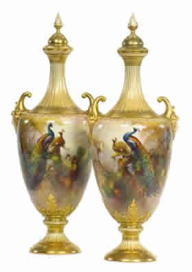 Worcester Gallery - Walter Sedgley Porcelain Pedestal Vases and Covers